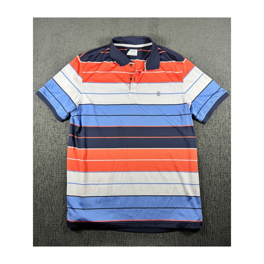 IZOD Golf Mens Large Polo Shirt Short Sleeve Striped Orange Blue Navy White L